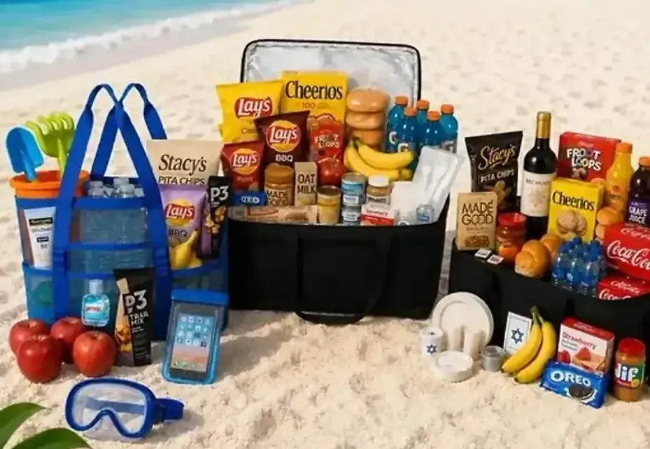 Resort-Ready Kits laid out on the beach: snacks, drinks, cereal, fruit and beach gear